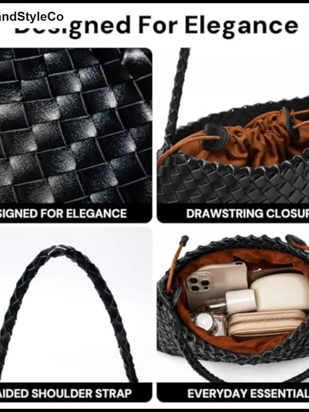 Woven Vegan Leather Shoulder Hobo Handbag with Drawstring Closure